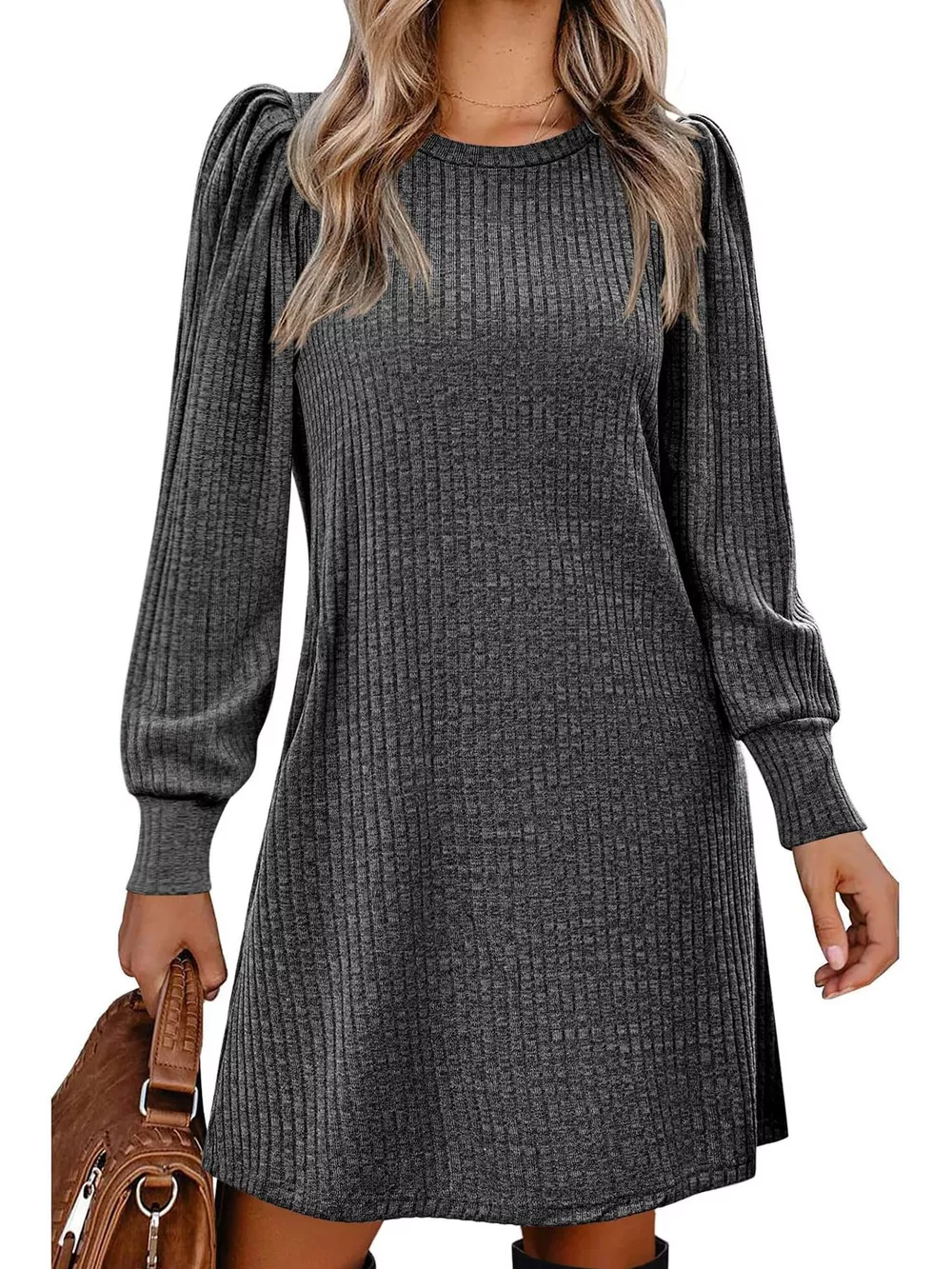 Ribbed Knit Puff Sleeve Casual Mini Dress, image 17