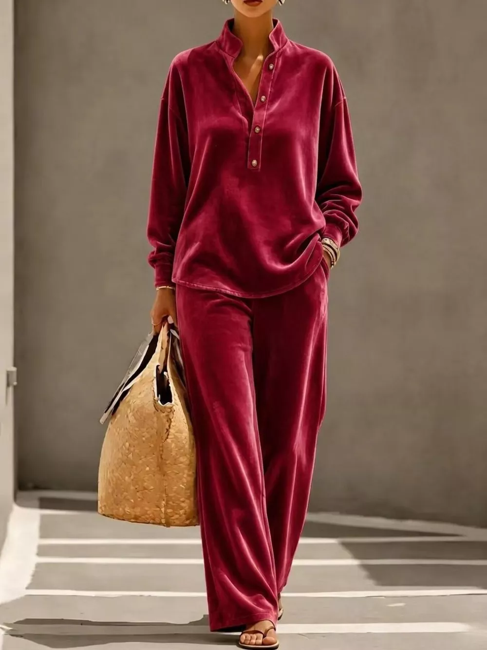 Full Size Half Button Top and Wide Leg Pants Set Plus Size, image 11