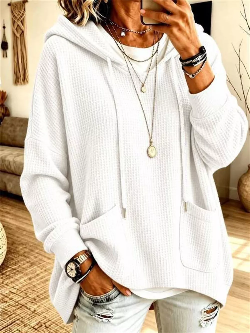 Full Size Waffle Knit Hoodie with Pockets Plus Size, image 9
