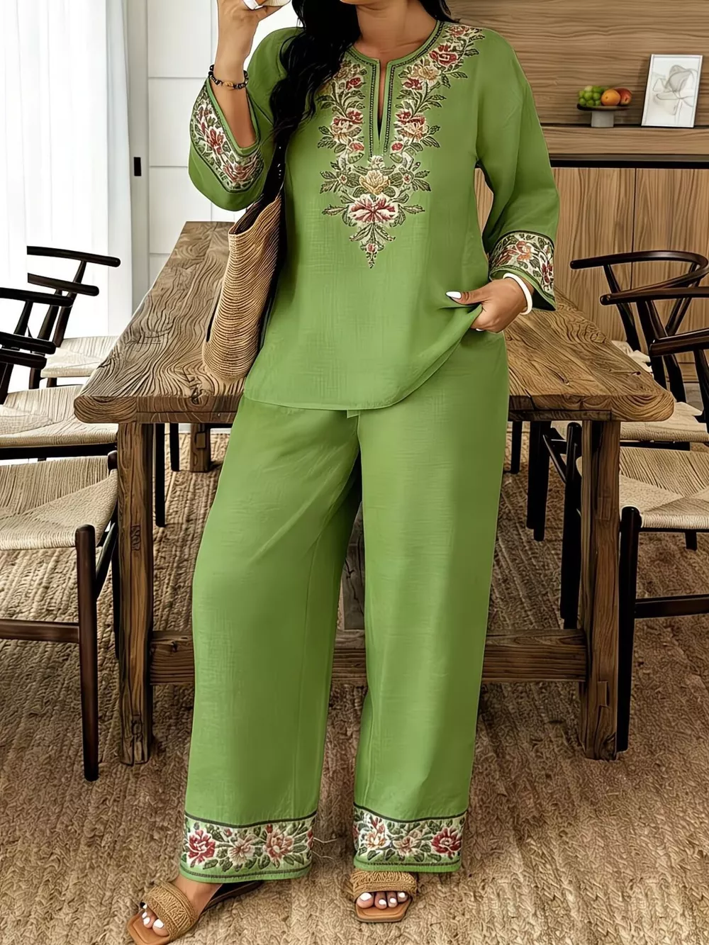 Full Size Embroidered Long Sleeve Top and Pants Set Plus Size, image 10
