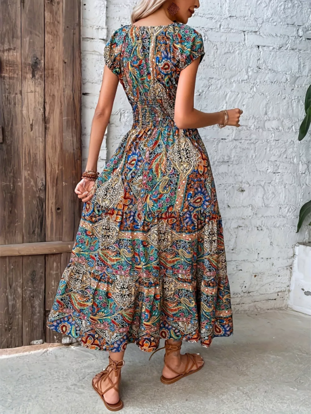 Printed V-Neck Cap Sleeve Dress, image 3