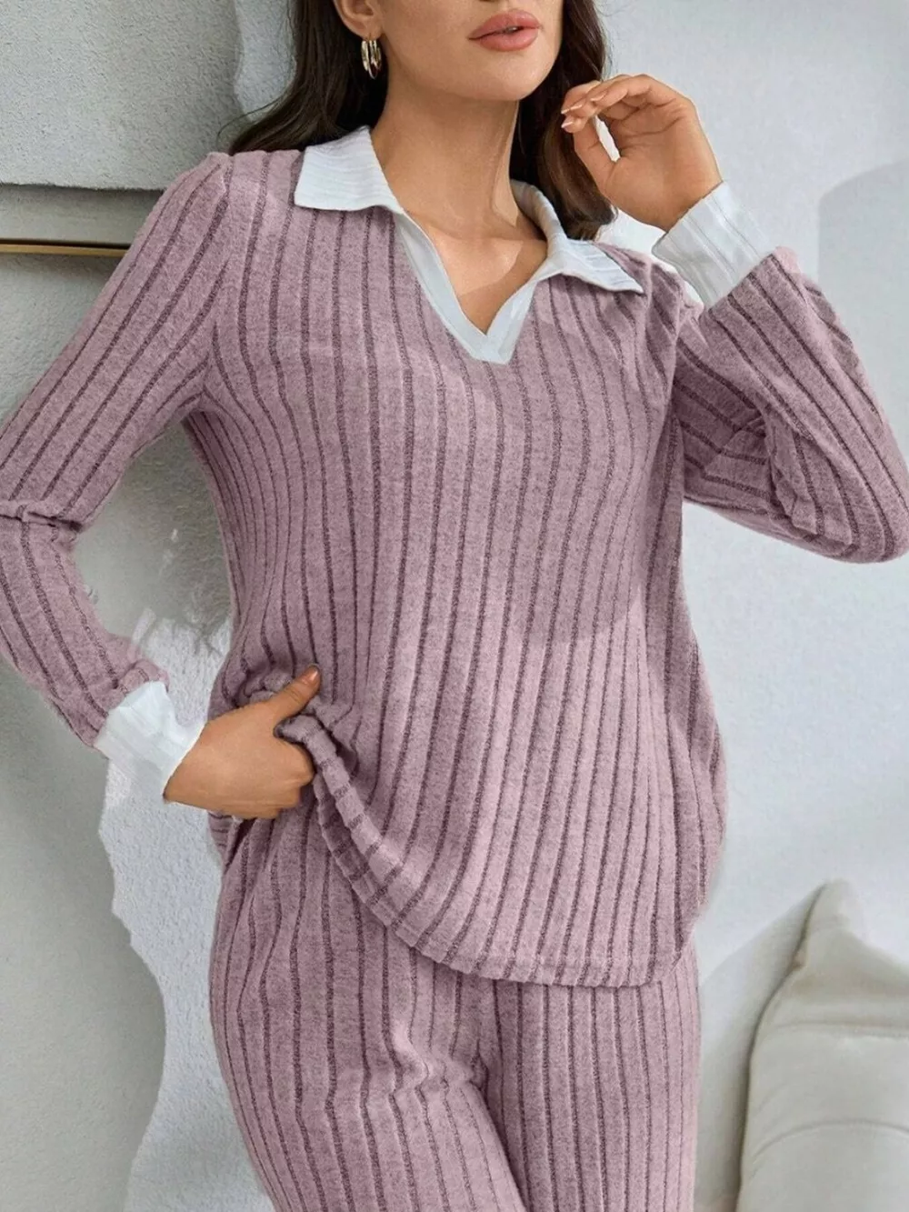 Ribbed Knit Polo Collar Top and Pants Lounge Set, image 3