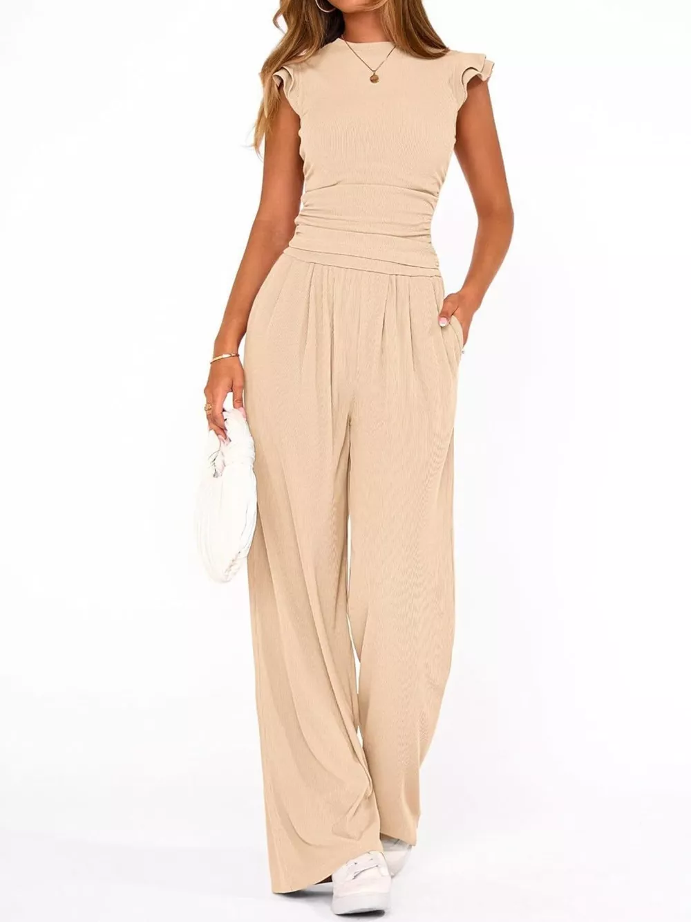 Ruffled Mock Neck Top and Wide Leg Pants Set, image 10
