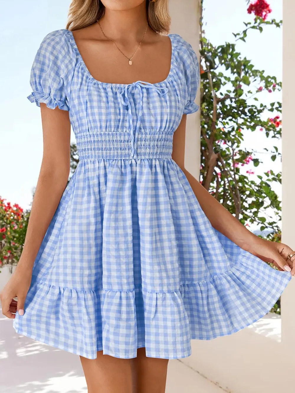 Gingham Smocked Puff Sleeve Summer Dress, image 8