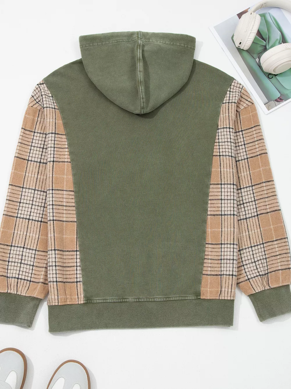 Plaid Sleeve Drawstring Pocket Hoodie, image 11