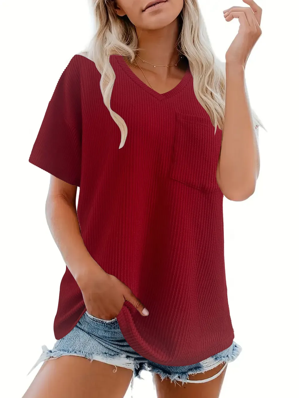 Ribbed V-Neck Oversized T-Shirt, image 6
