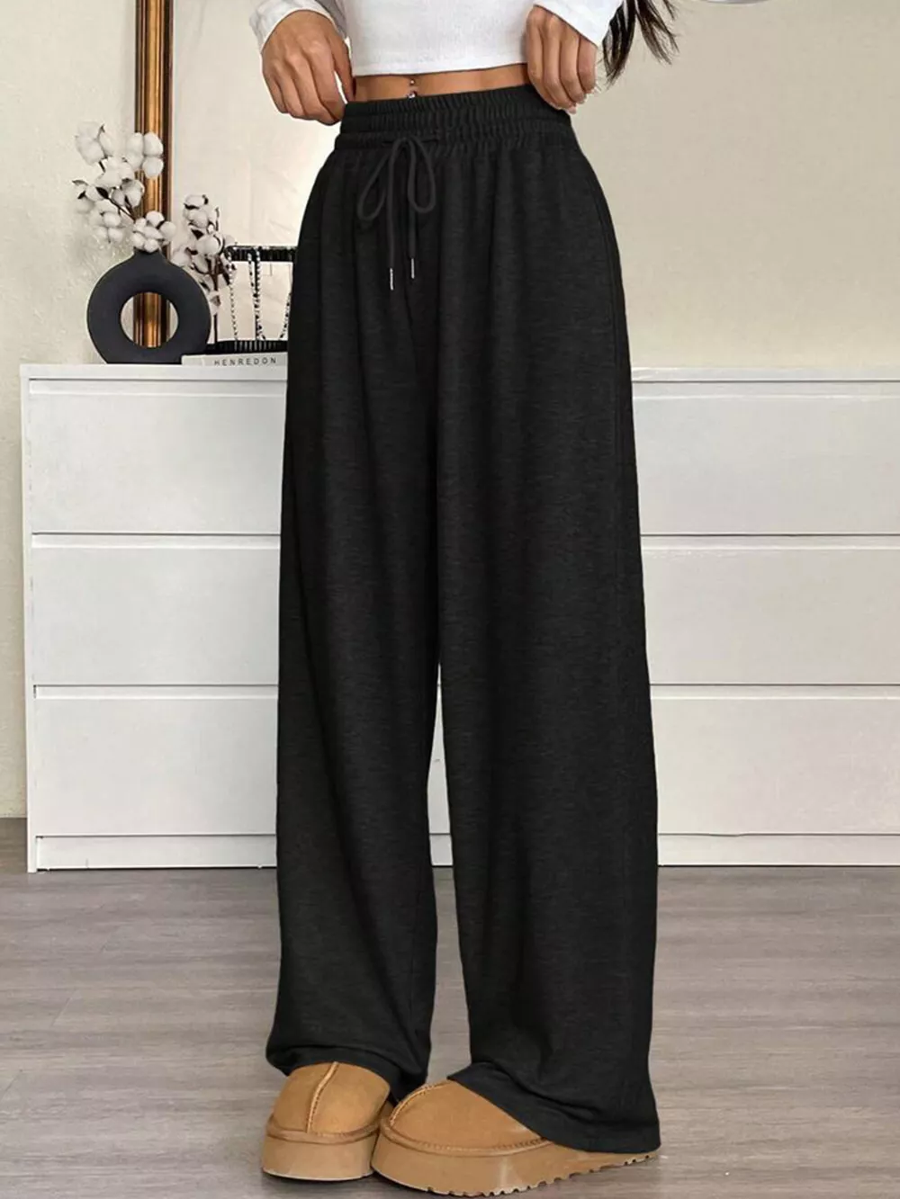 High-Waisted Wide-Leg Pants with Drawstring, image 2