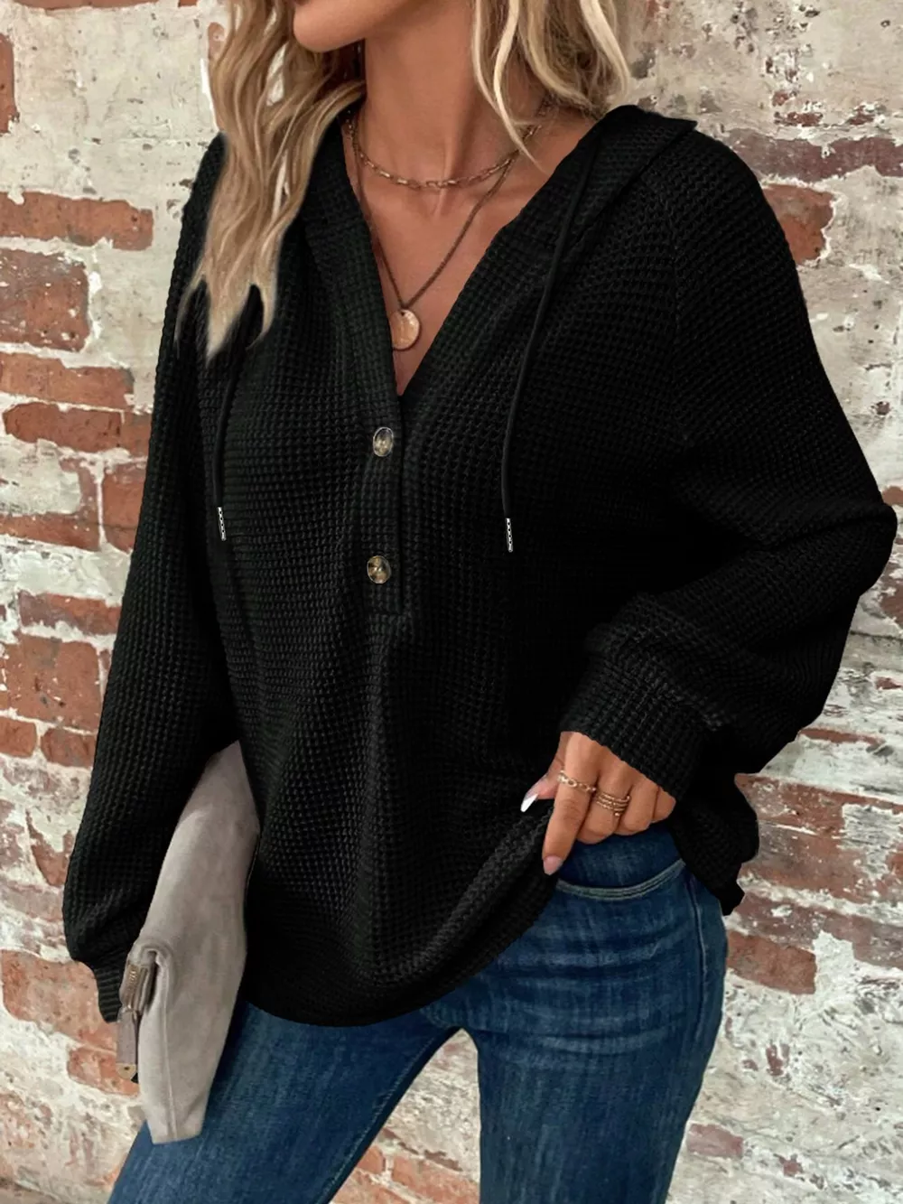 Waffle Knit Button Detail Hoodie, image 28