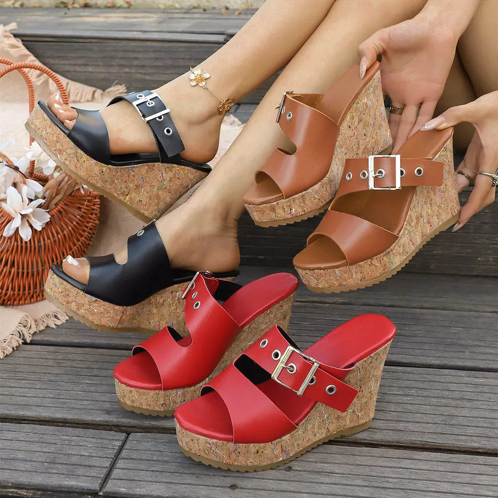 Buckle Strap Cork Wedge Sandals, image 2