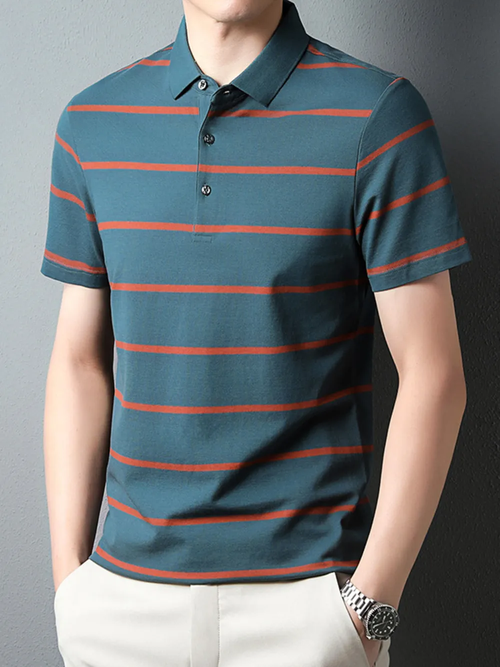 Men's Plus Size Striped Button Detail Short Sleeve Polo, image 5