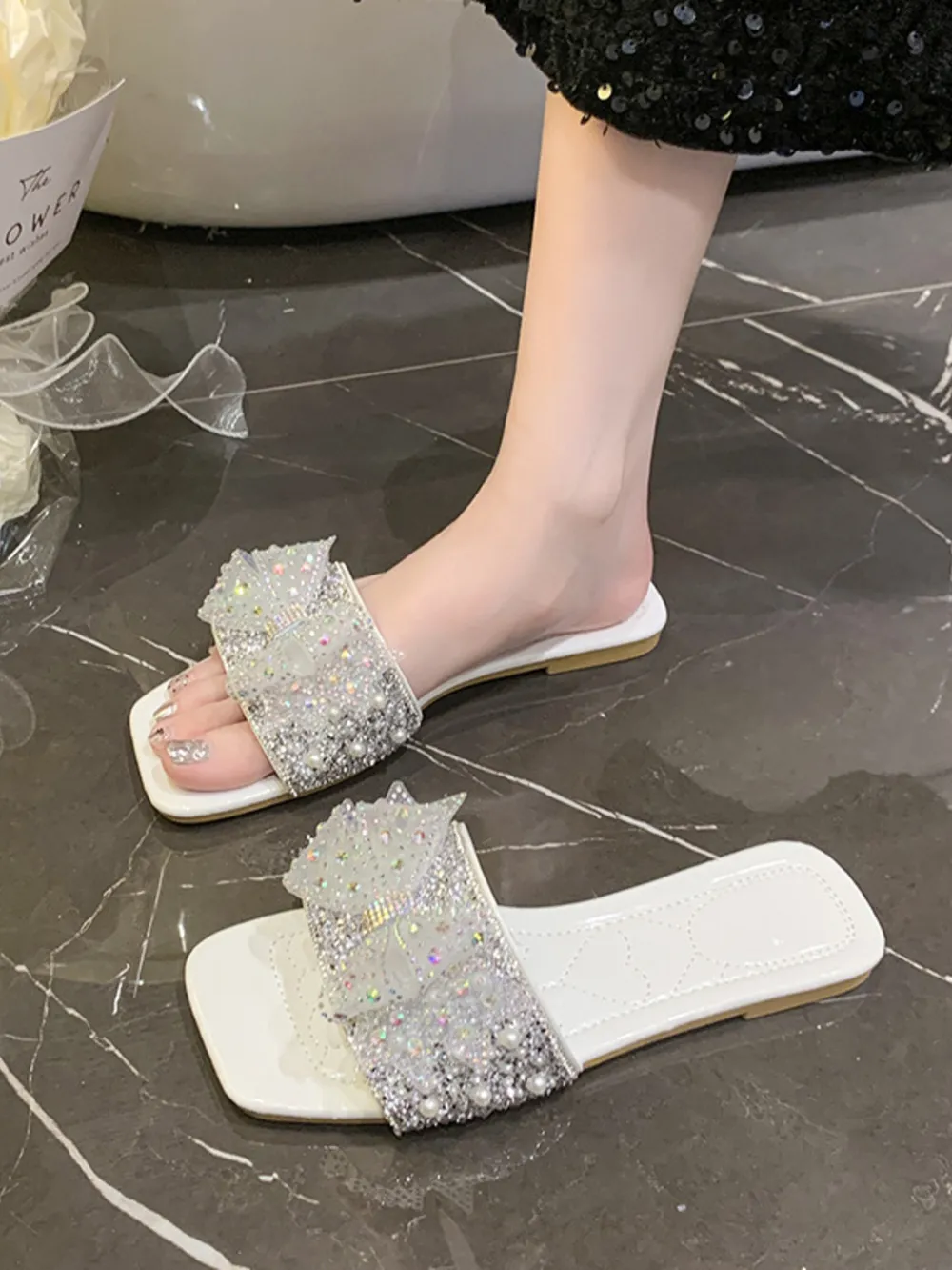 Rhinestone Embellished Flats Slip-On Sandals, image 5