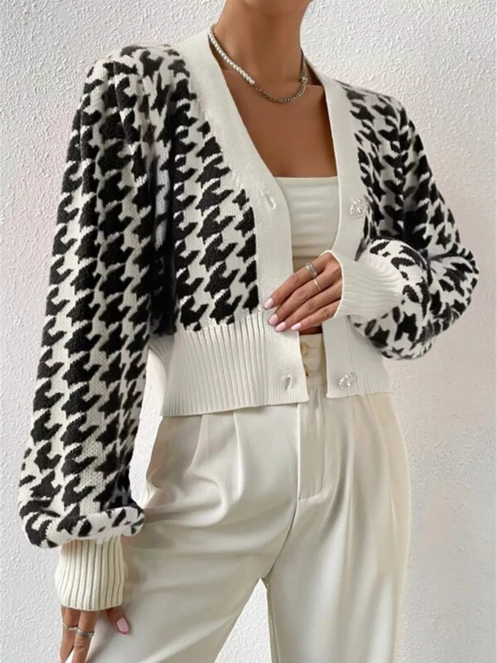 Houndstooth V-Neck Button Up Cardigan, image 9