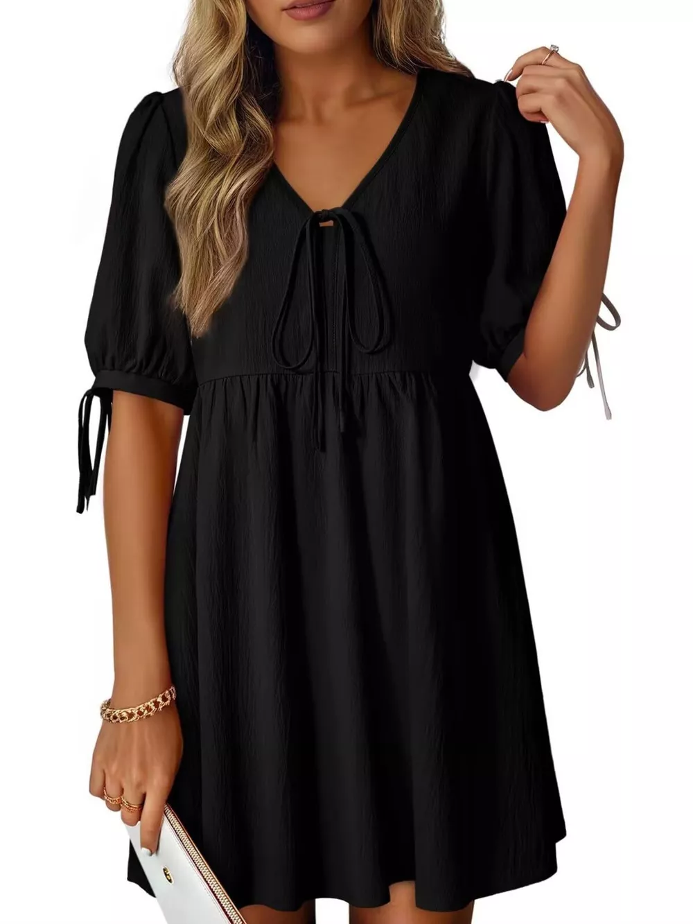 Tie-Neck Puff Sleeve A-Line Mini Dress, image 4