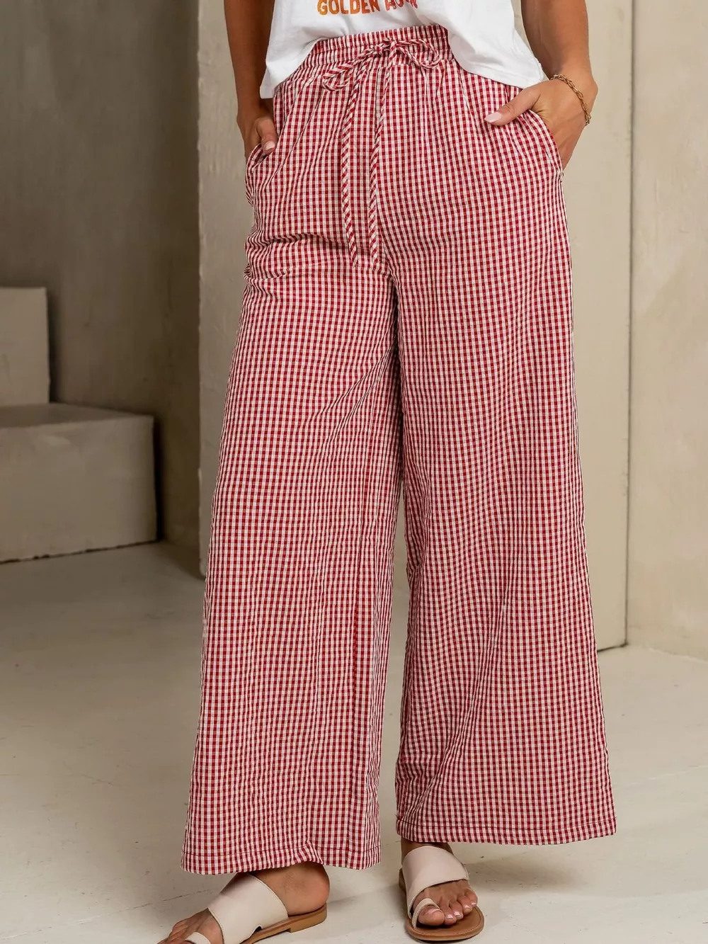 Gingham Print Wide Leg Casual Pants, image 6