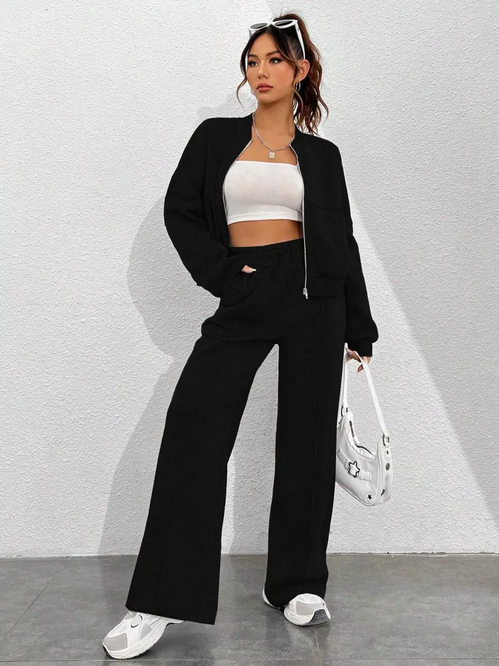 Casual Solid Color Zipper Jacket and Wide Leg Pants Set, image 19