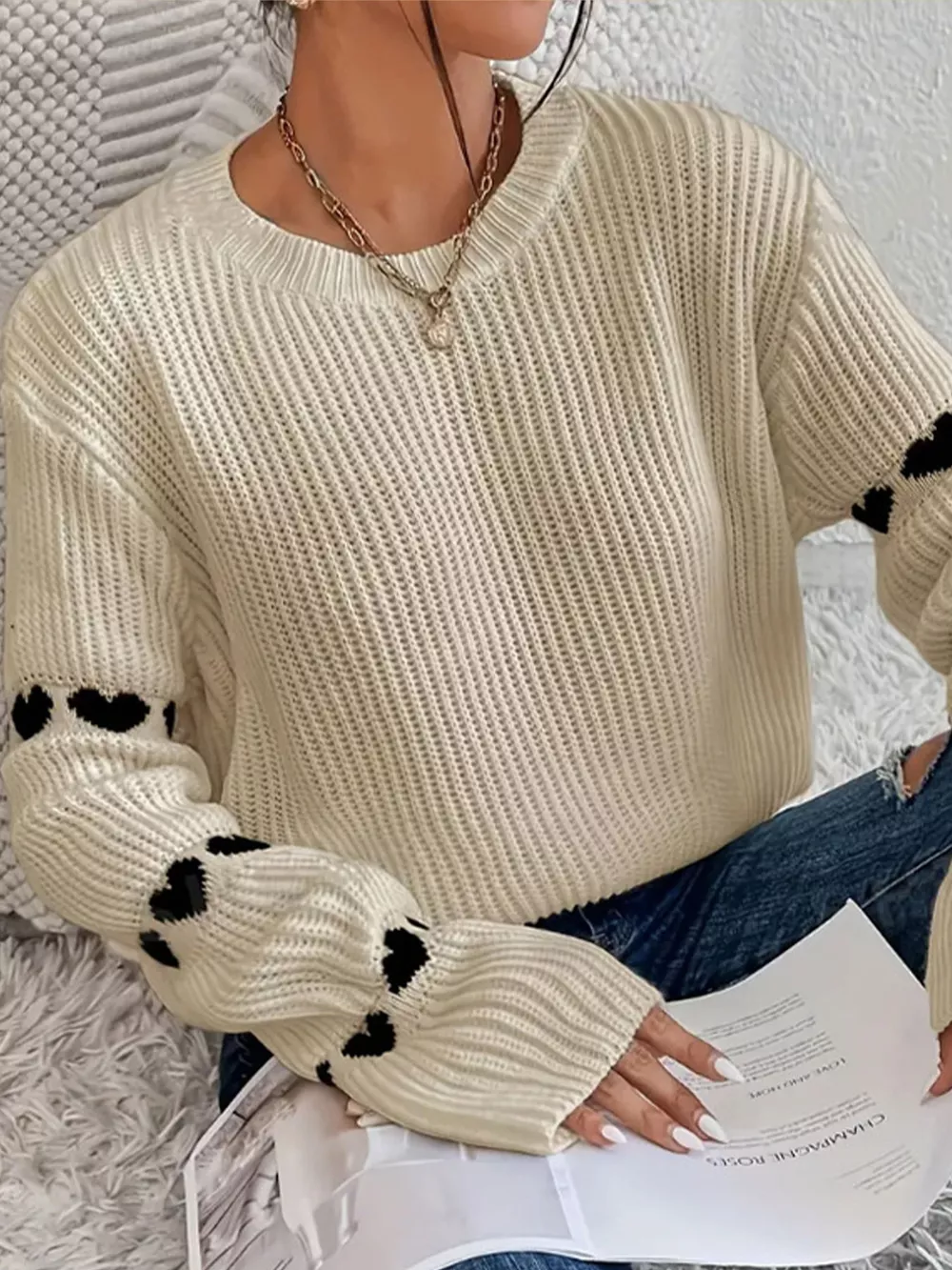 Heart Pattern Dropped Shoulder Sweater, image 10