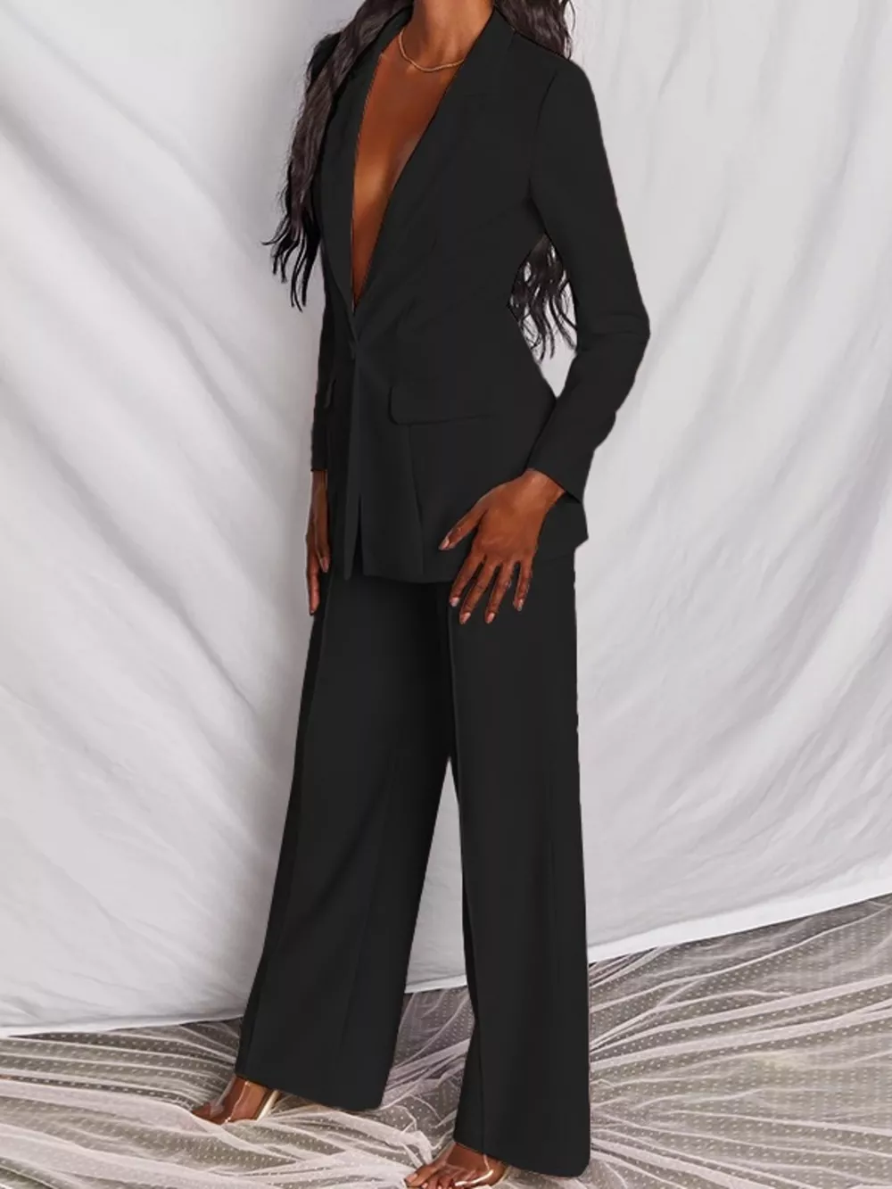 Full Size One Button Blazer and Wide-Leg Pants Set Plus Size, image 7