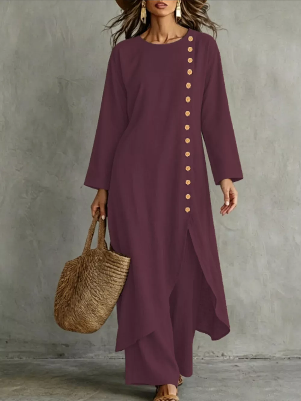 Full Size Side-Buttoned Longline Top and Pants Set Plus Size, image 13
