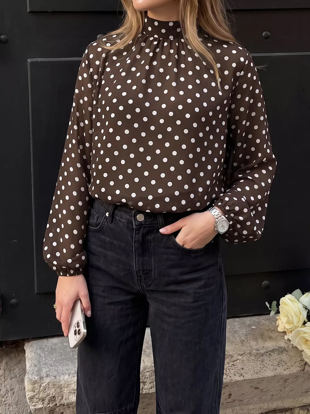 Polka Dot Mock Neck Long Sleeve Blouse, image 4
