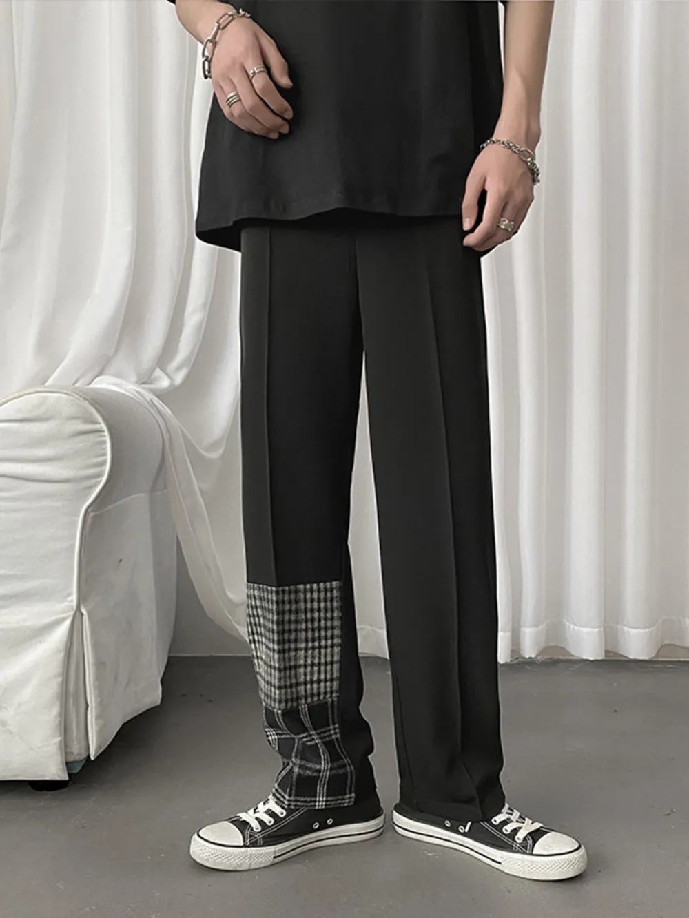 Men's Plus Size Plaid Patchwork Straight-Leg Pants