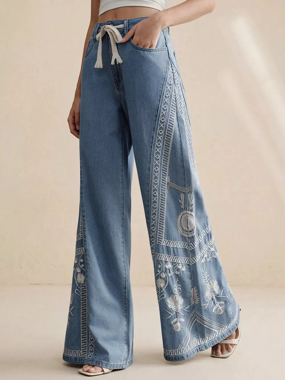 Embroidered Wide-Leg Drawstring Jeans, image 3