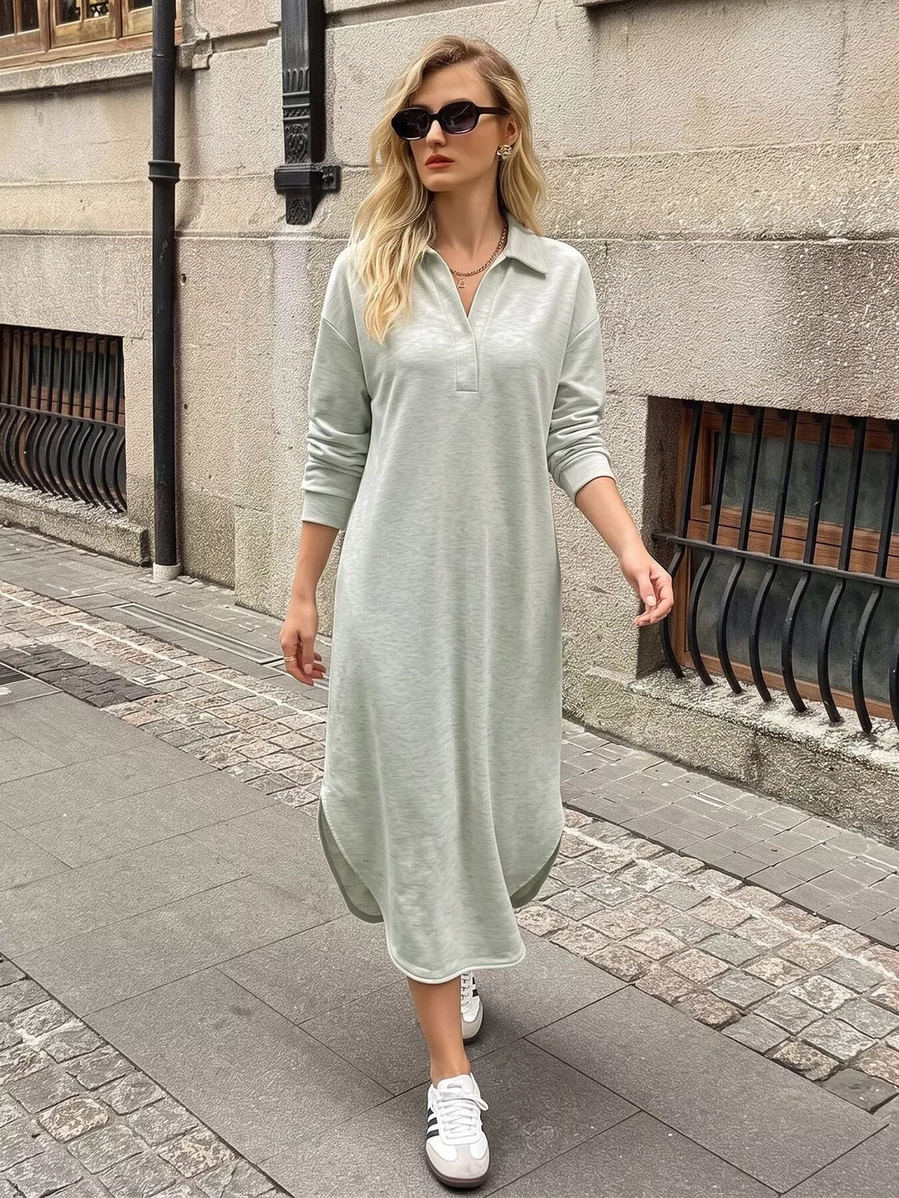 Polo Collar Long Sleeve Midi Dress, image 2
