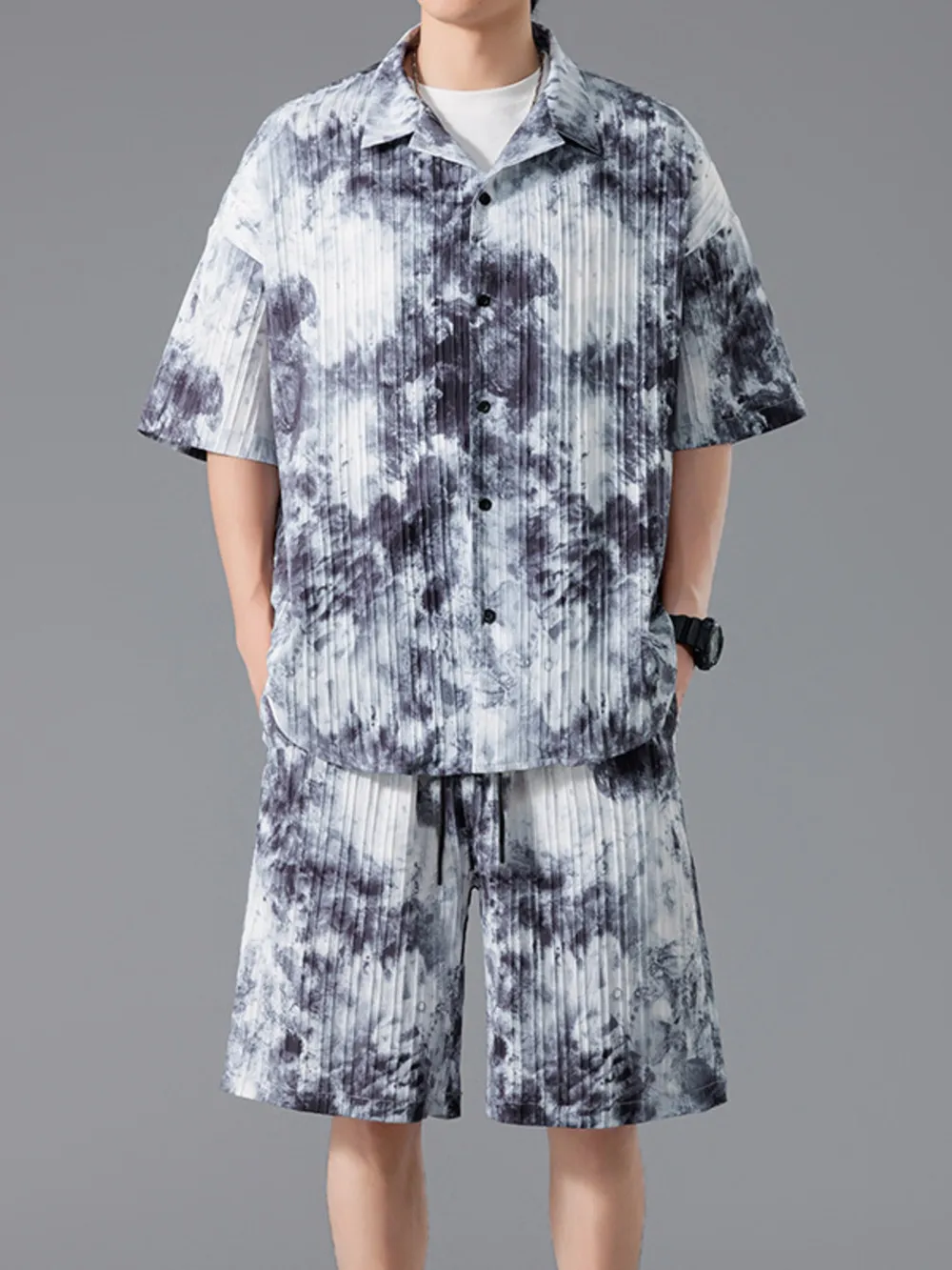 Men's Full Size Tie-Dye Casual Shirt and Shorts Set Plus Size, image 2