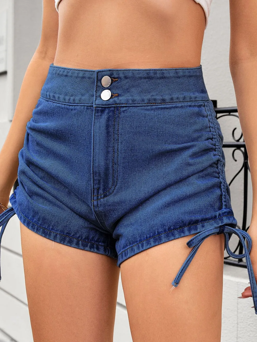 Ruched Side Drawstring Denim Shorts, image 11