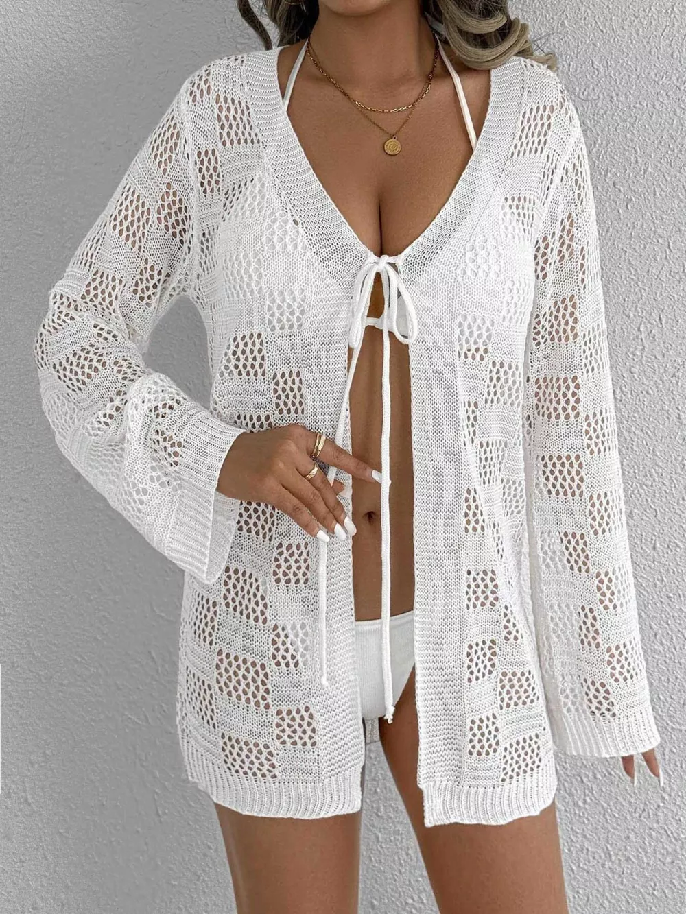 Crochet Knit Tie Front Cover-Up, image 4