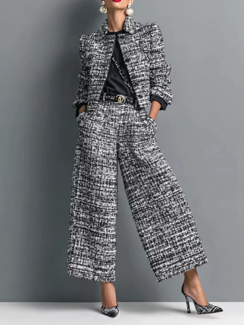 Full Size Tweed Cropped Jacket and Wide-Leg Pants Two-Piece Set Plus Size