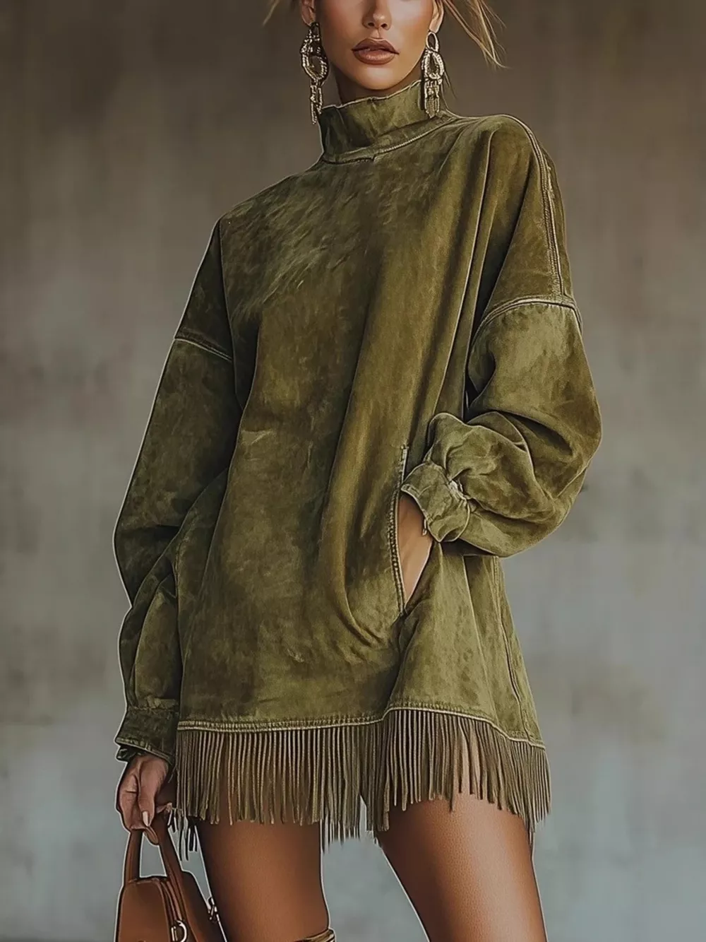 Suede Mock Neck Fringed Mini Dress