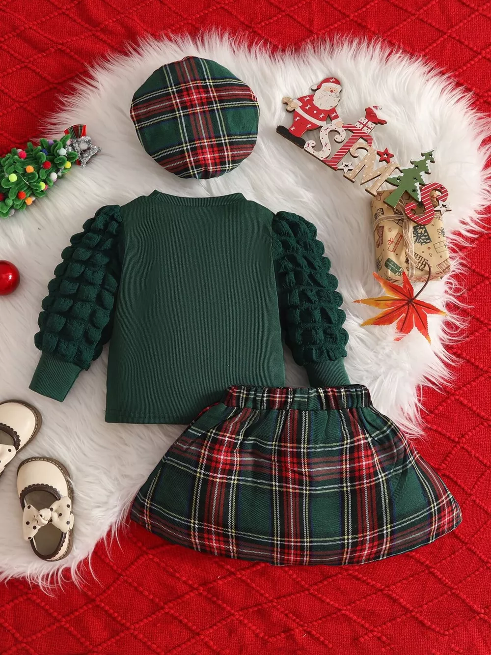 Children's Puff Sleeve Top and Plaid Skirt Set with Hat, image 6