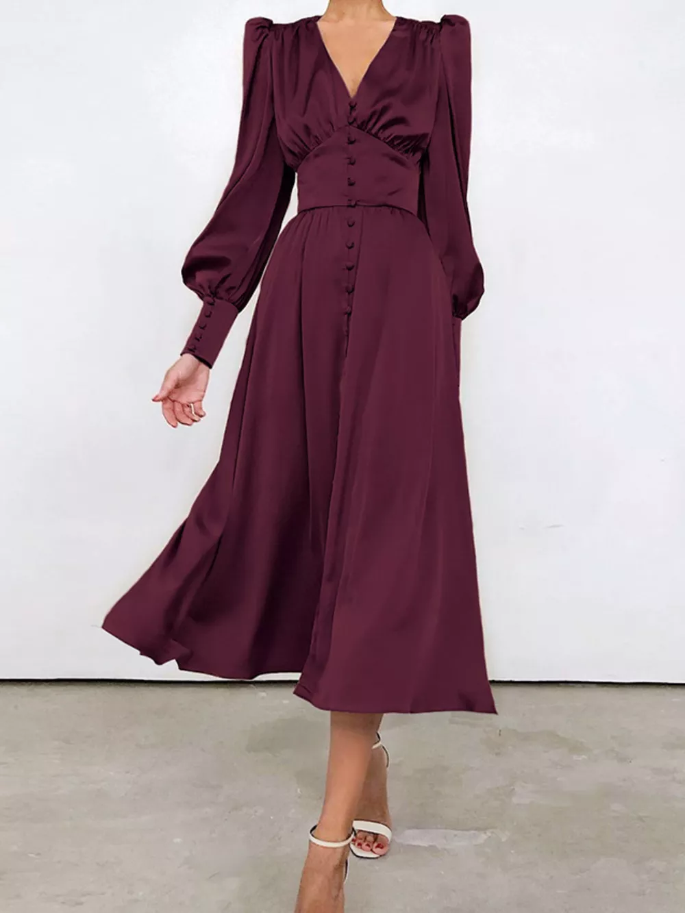 Elegant V-Neck Puff Sleeve Button-Down Midi Dress, image 12