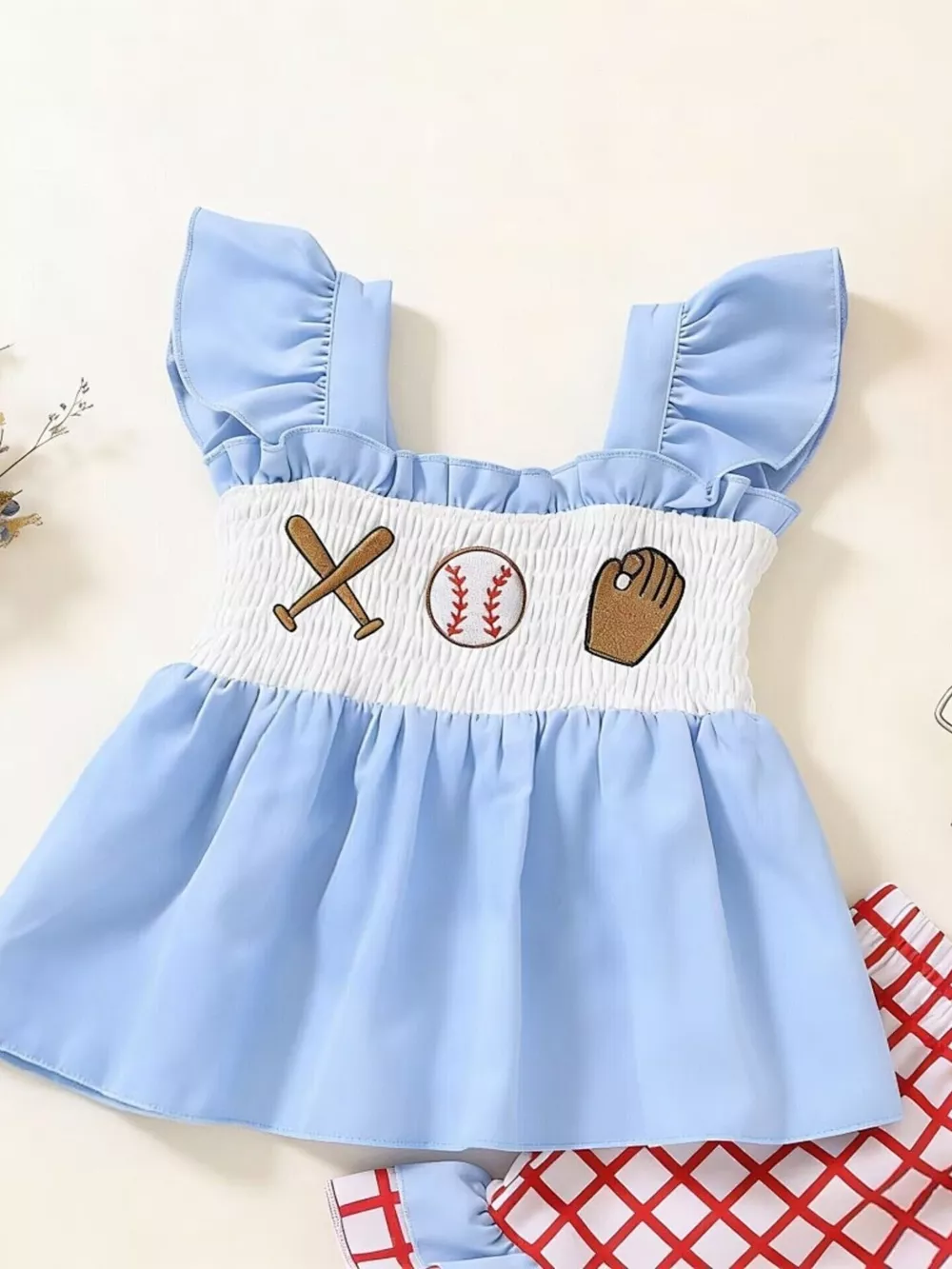 Children's Baseball Embroidered Ruffle Trim Top and Shorts Set, image 2