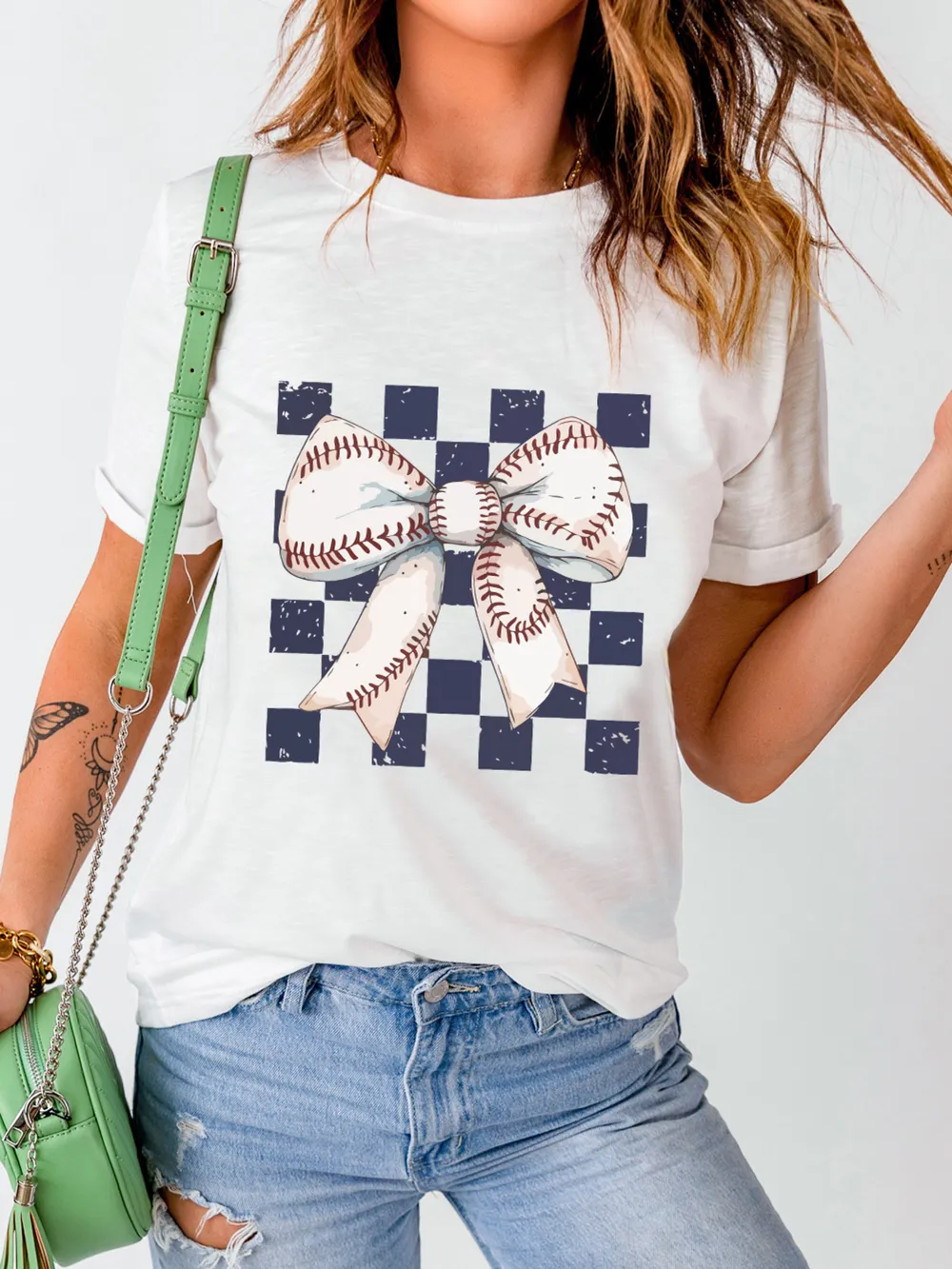 Checkered Bowknot Graphic Crew Neck T Shirt, image 3