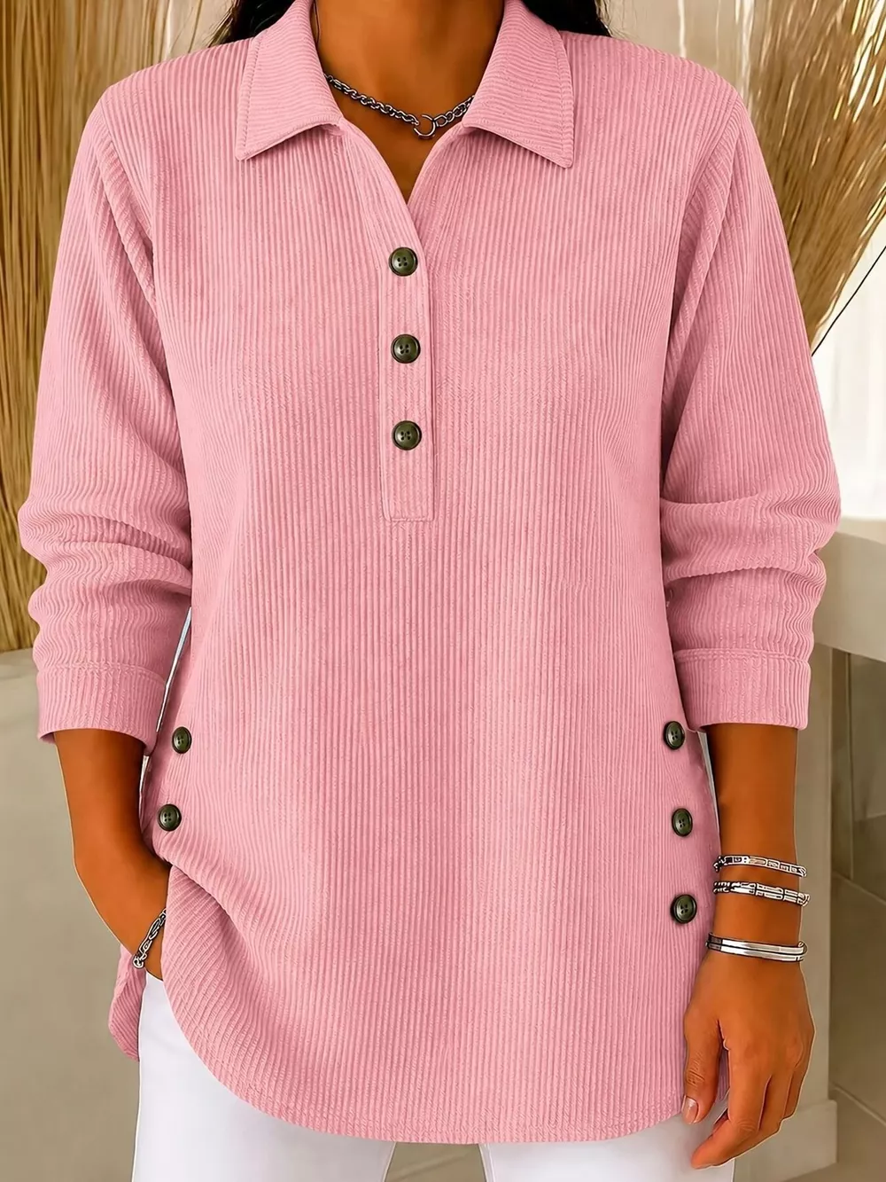 Full Size Button Detail Long Sleeve Top Plus Size, image 2