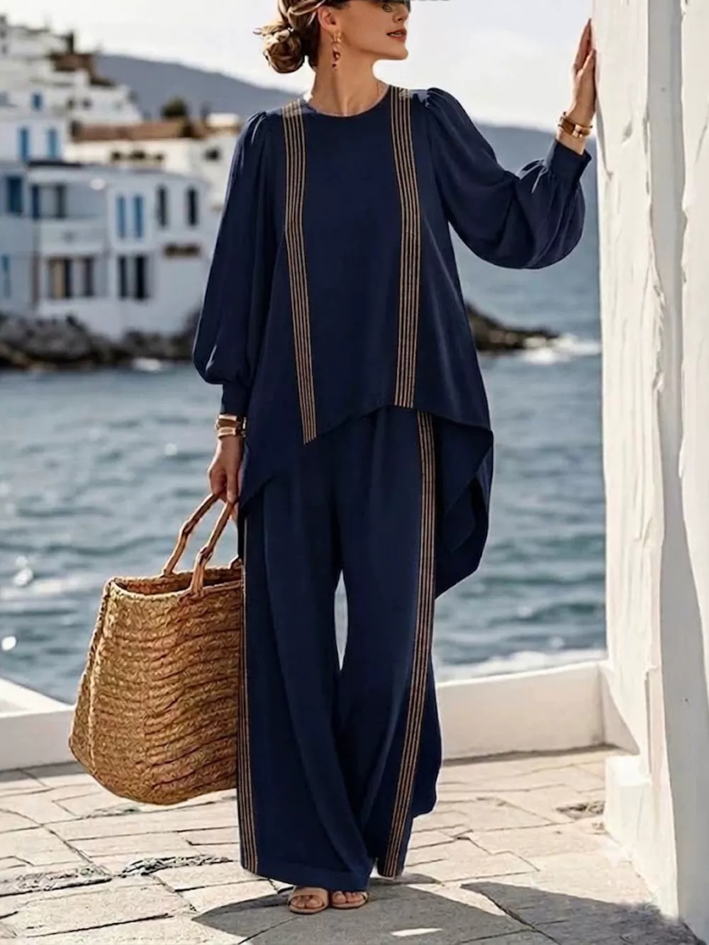 Full Size Striped Round Neck Top and Pants Set Plus Size, image 5