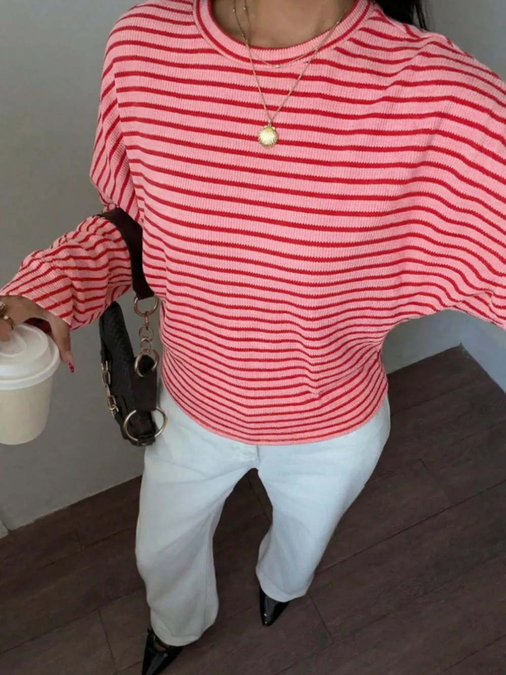Casual Striped Long Sleeve Batwing T-Shirt, image 2