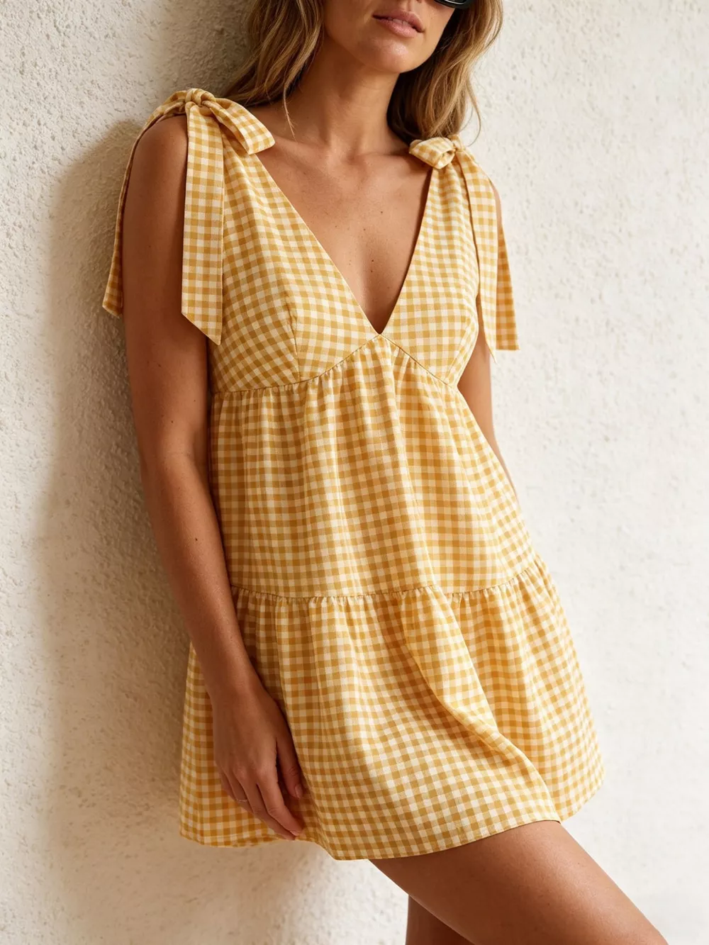 Gingham Tie-Shoulder Mini Dress, image 3