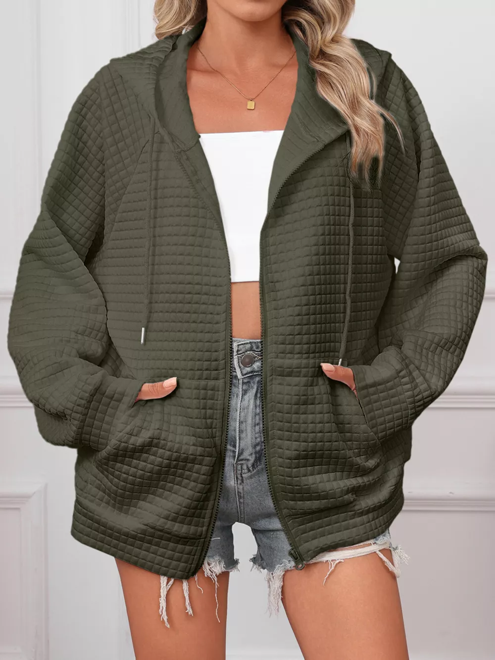 Full Size Textured Quilted Zip-Up Hooded Jacket Plus Size, image 16