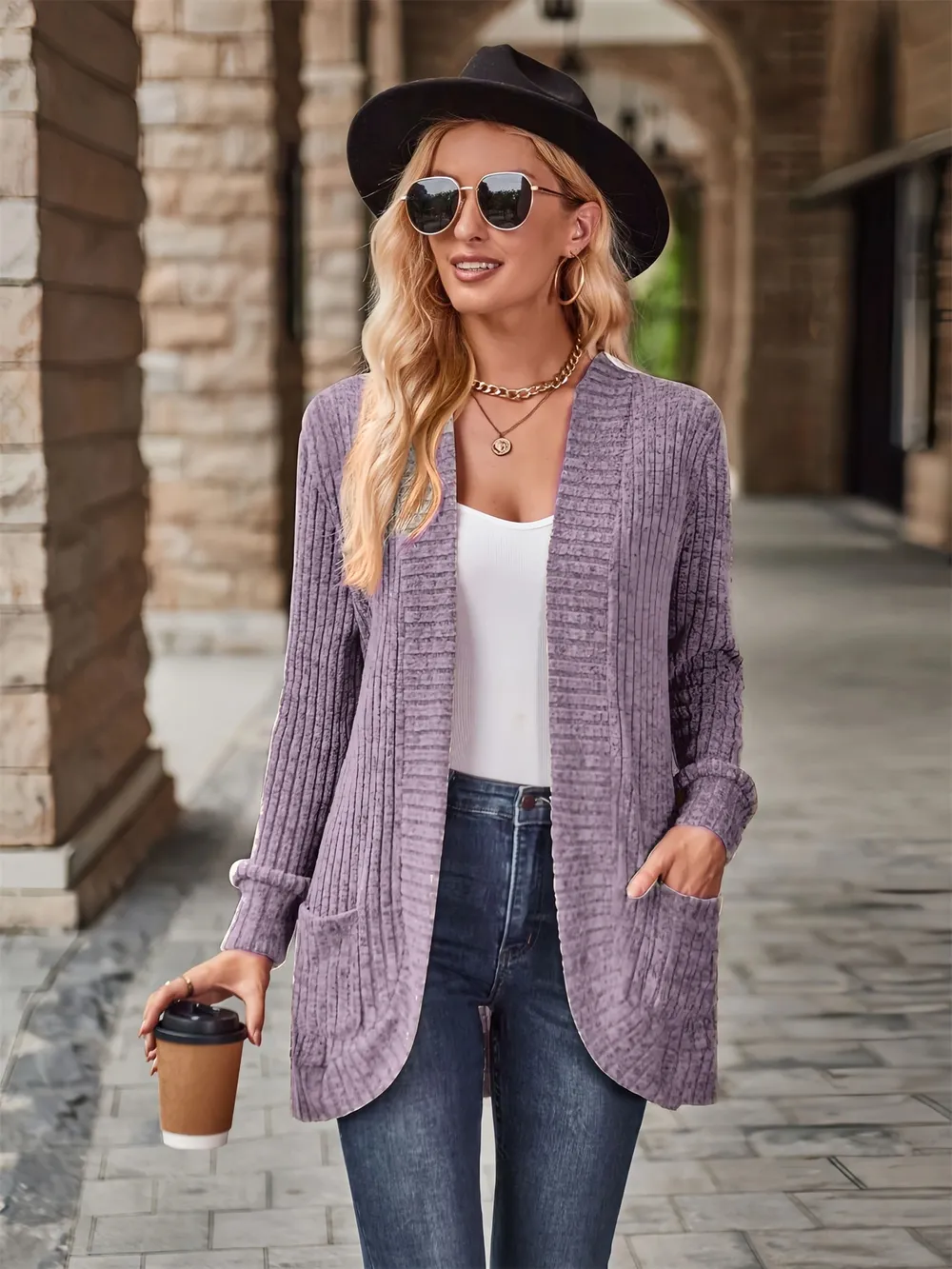 Ribbed Open Front Long Cardigan with Pockets, image 19