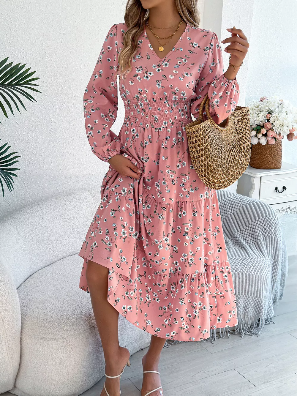 Floral Print Long Sleeve V-Neck Midi Dress, image 10
