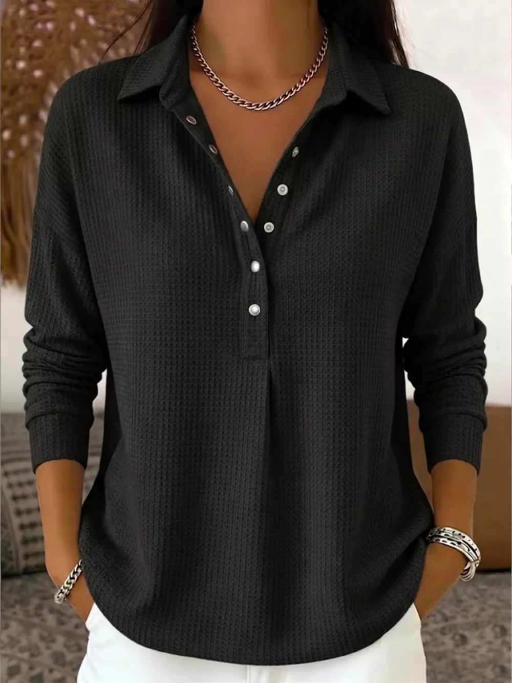 Waffle Knit Snap Down Blouse, image 3