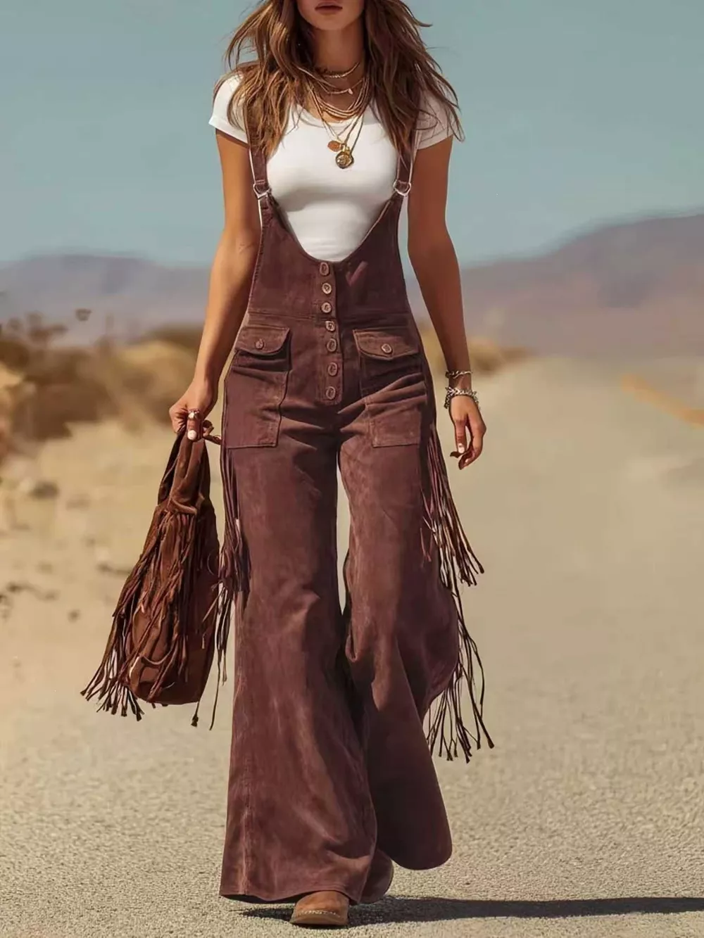 Fringe Detail Flare Leg Overalls, image 3