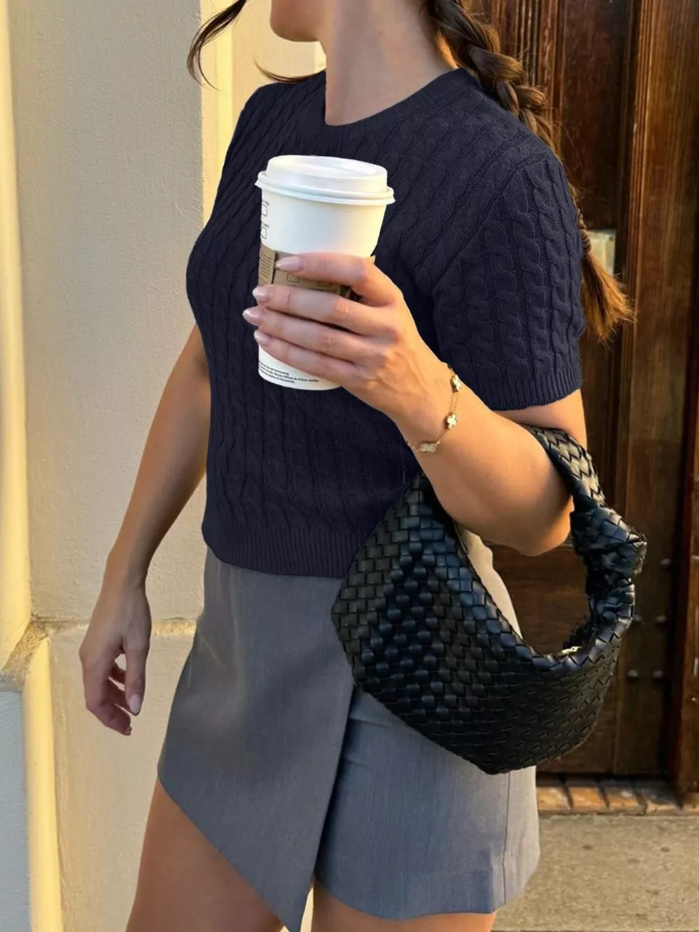 Cable-Knit Short Sleeve Sweater, image 6