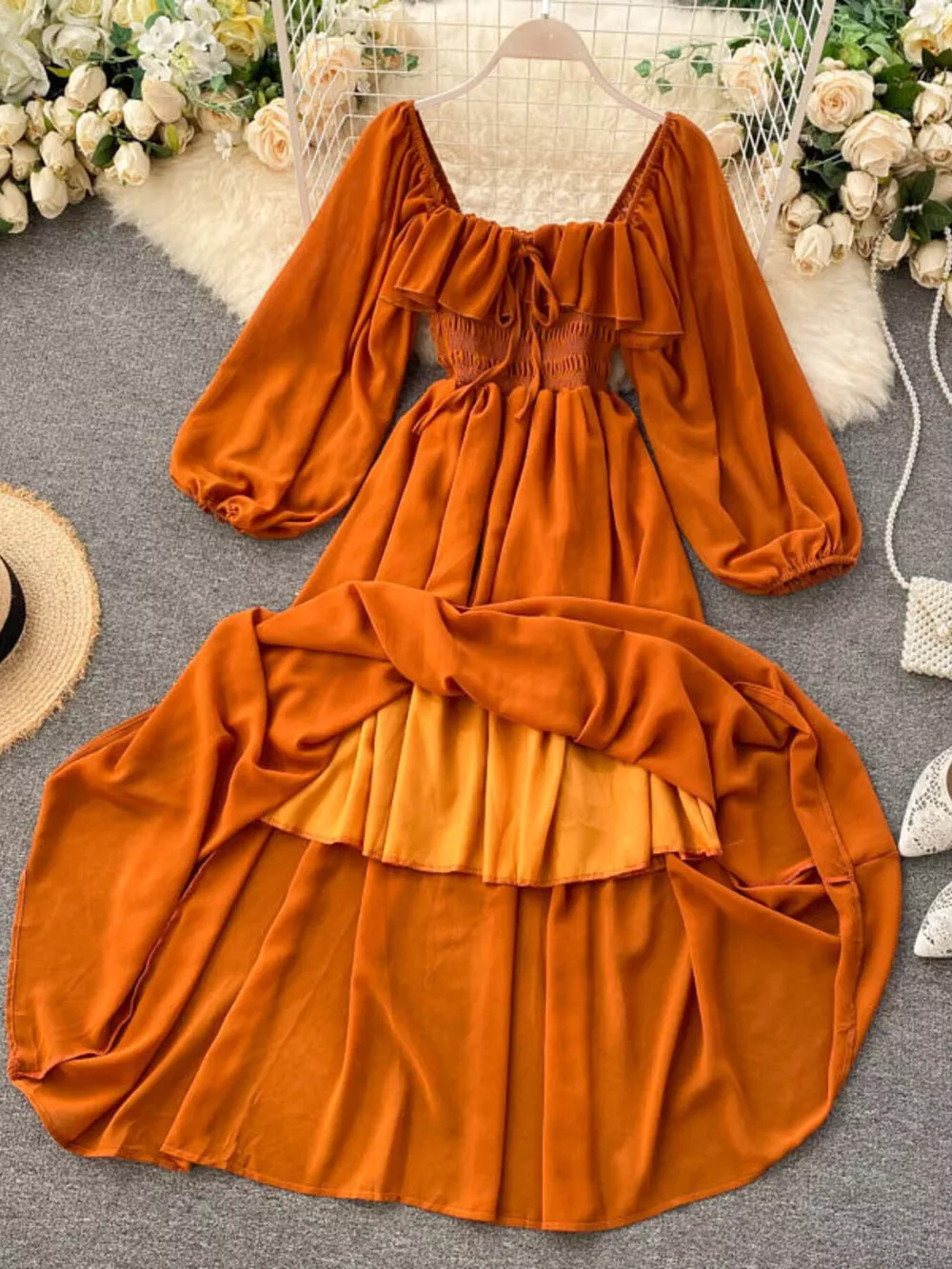 Ruffle Square Neck Balloon Sleeve A-Line Dress, image 3