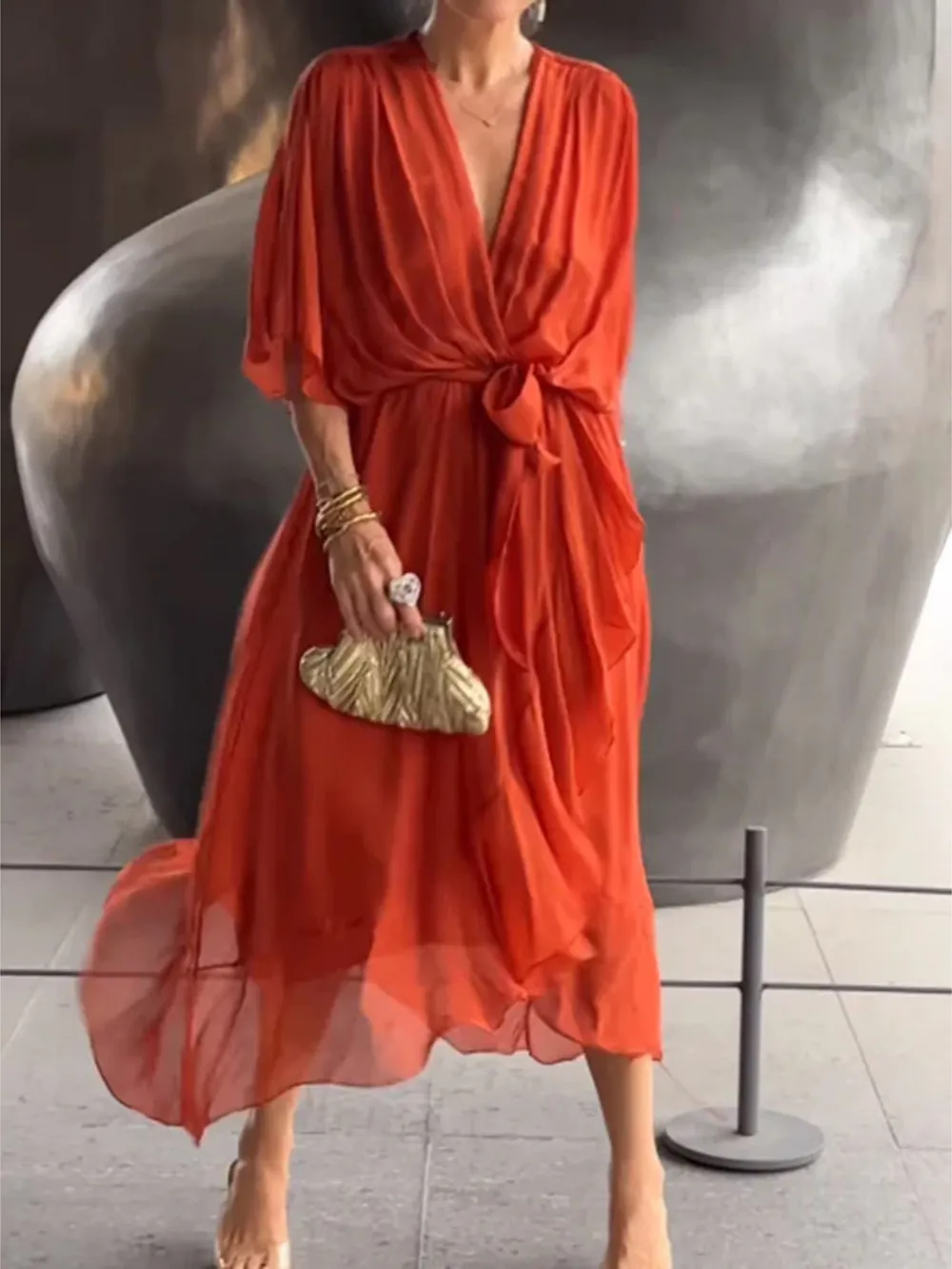 Full Size Flowy Tie Front Midi Dress with Flutter Sleeves Plus Size, image 17