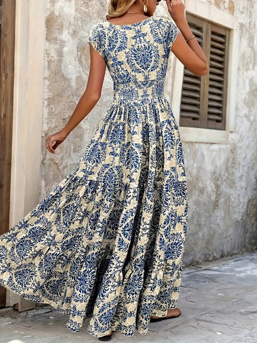 Printed Cap Sleeve Maxi Dress, image 14