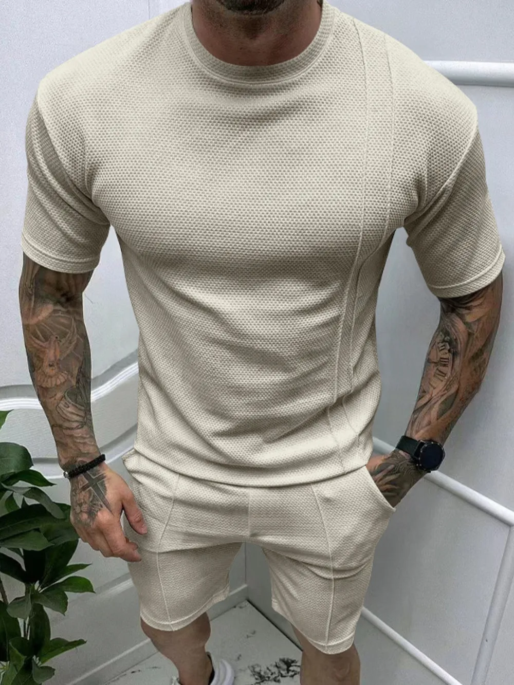 Men's Full Size Round Neck Tee and Shorts Set Plus Size, image 2