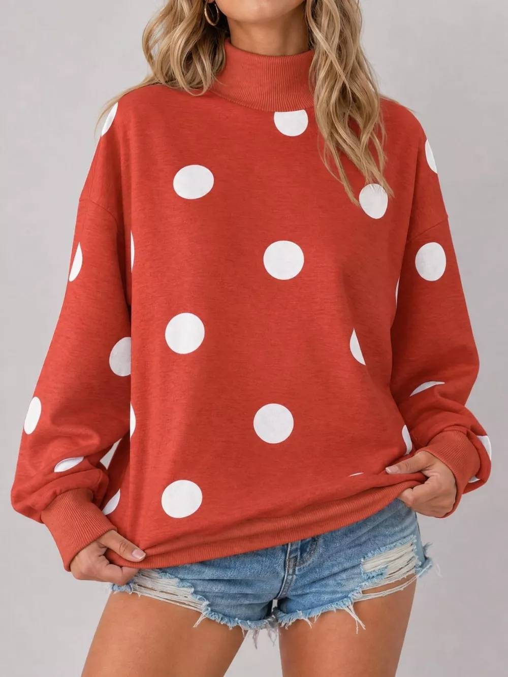 Mock Neck Polka Dot Print Oversized Sweatshirt, image 10